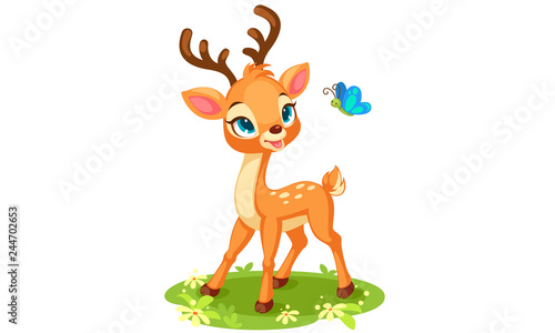 Cute baby deer looking at butterfly