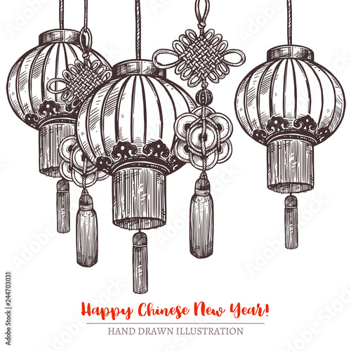 Happy Chinese lunar new year hand drawn illustration. Background with vector sketch decoration with gold coins and knot and paper oriental lanterns. Symbol of fortune, luck and spring festival