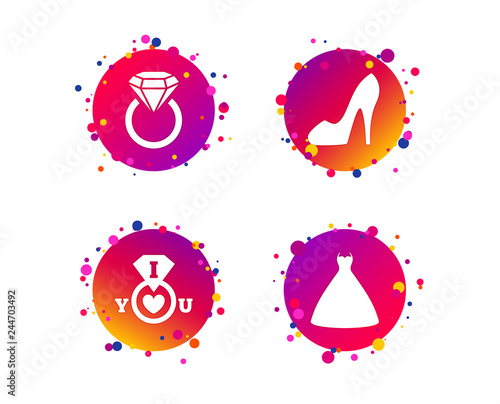 Wedding dress icon. Women's shoe symbol. Wedding or engagement day ring with diamond sign. Gradient circle buttons with icons. Random dots design. Vector