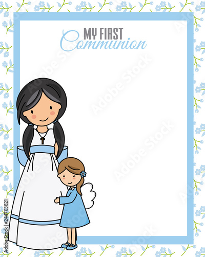 My first communion. Little girl with angel and blank space for text