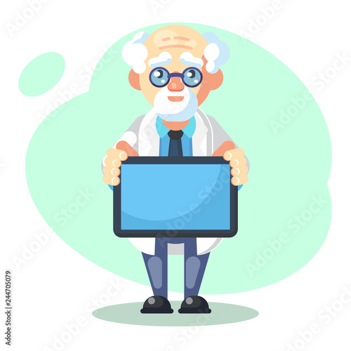 crazy scientist with messege text board. Funny character. Cartoon vector illustration. Mad professor. Science experiment. - flat Vector
