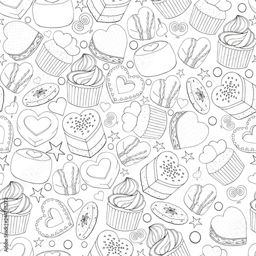 Seamless pattern of different desserts  cakes  candy and food for Valentines day. Romantic endless texture. Hand drawn. Vector illustration. Black and white.