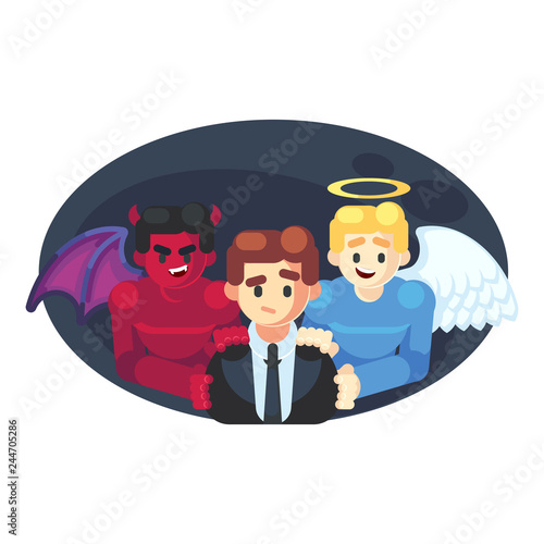 Abstract Businessman has a Moral Dilemma. Vector illustration flat cartoon styled Businessman caught up in a Catch-22 battle of wills with devil and angel helping him to decide. - Vector