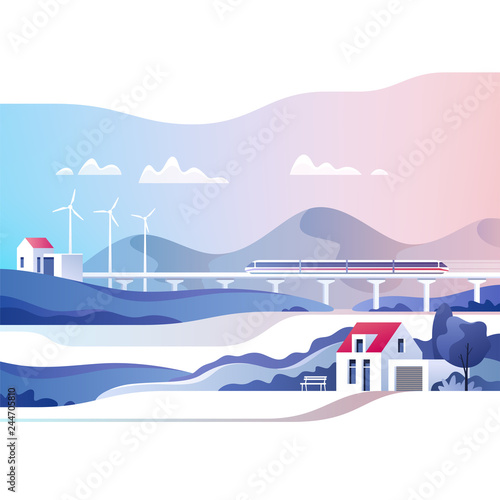 Abstract countryside landscape. Rural area with hills, fields and train. Vector illustration.