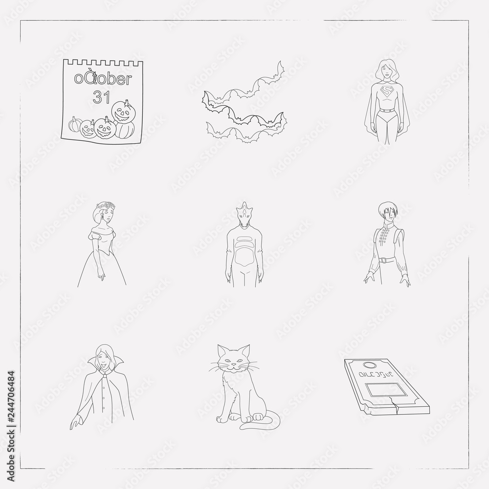 Set of halloween icons line style symbols with dinosaur, vampire, anime