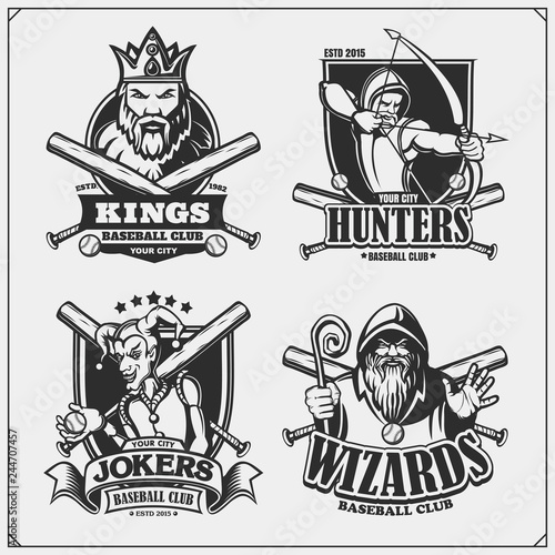 Baseball badges, labels and design elements. Sport club emblems with hunter, wizard, king and joker. Print design for t-shirts.