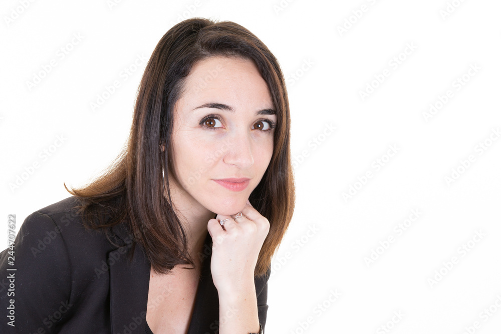Close up portrait of serious confident businesswoman looking straight with blank copy space isolated on white background Close up portrait of serious confident businesswoman looking straight with blank copy space isolated on white background