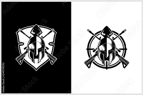 black and white spartan with cross rifle vector badge logo template