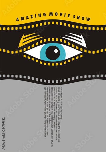 Amazing movie show poster design idea with human eye looking through waved film strip graphic. Cinema vector flyer minimalism concept.