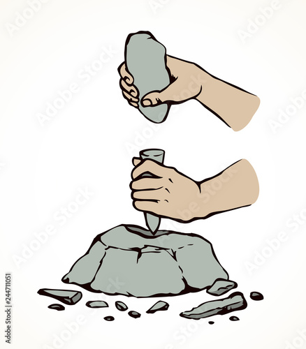 Vector illustration. Primitive people make stone tools