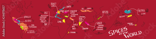 Vector world map with origin of spices and herbs