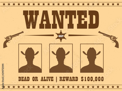 Vintage wanted western poster with avatars of criminals photo