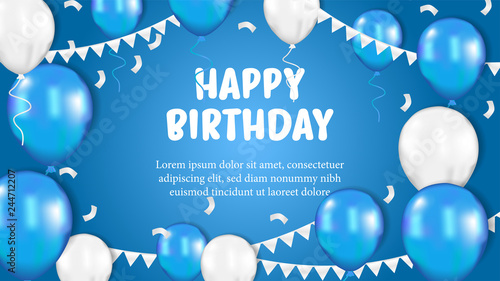 3D birthday colorful balloon helium at blue background for invitation luxury party. Banner poster template