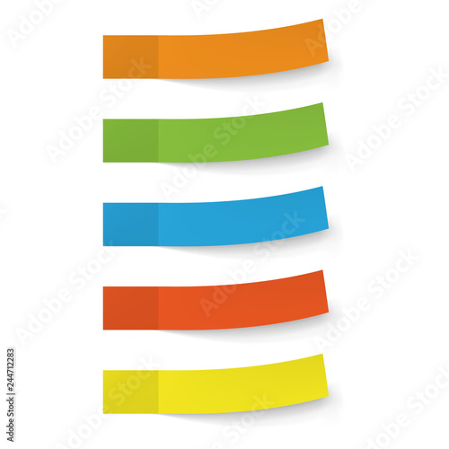 Set of 5 color paper stickers with shadows isolated on transparent background. Vector design elements collection