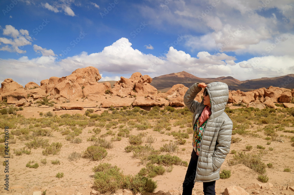 One Female Tourist Looking at the Amazing Landscape with Plenty of Rock Formations in Siloli Desert, High Altitude Expanse of Potosi Department, Bolivia 