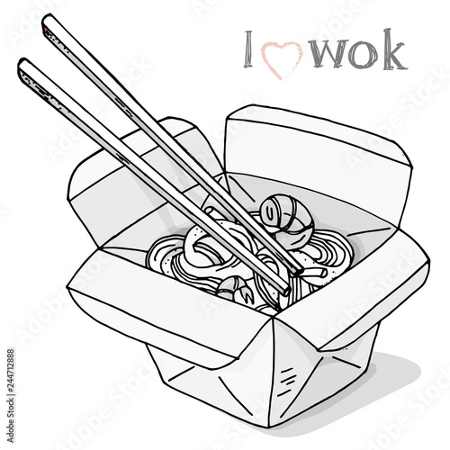 Wok noodles in the box. Asian fast food. Monochrome vector illustration in sketch style. Perfect for restaurant brochure, cafe flyer, delivery menu. photo