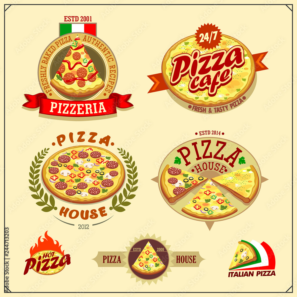 Naklejka premium Set of pizza labels, badges, icons and design elements. Emblems for pizzeria.