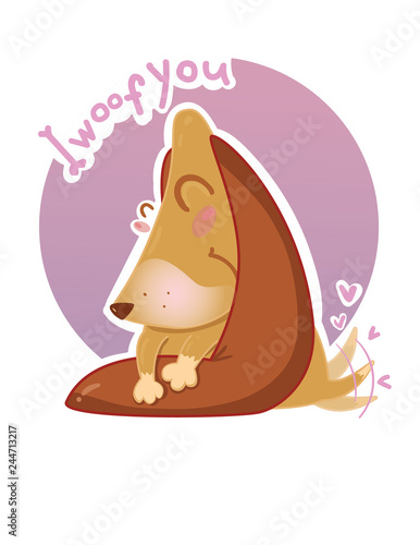 Illustration a cute dog with long ears happily wags its tail on a pink background