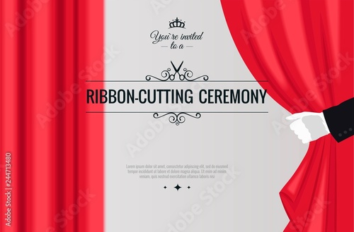 Grand opening poster with white glove and red curtains. Vector illustration