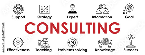 Consulting banner with web Icons set for websites and social media business design: Support, Strategy, Expert, Goal, Teaching, Knowledge, Success, Problems solving, Effectiveness. Vector illustration.