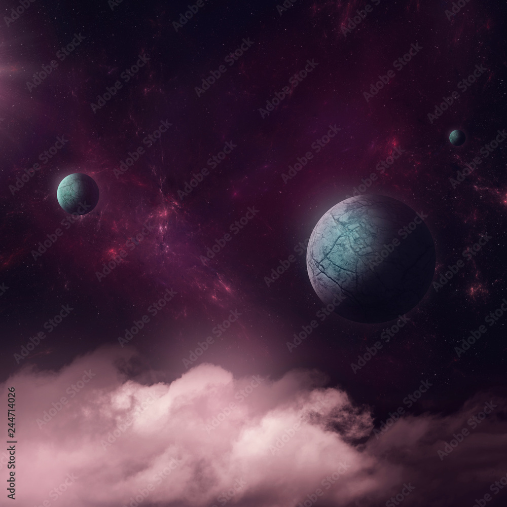 Surreal illustration, fantasy world with planets foating over clouds at night