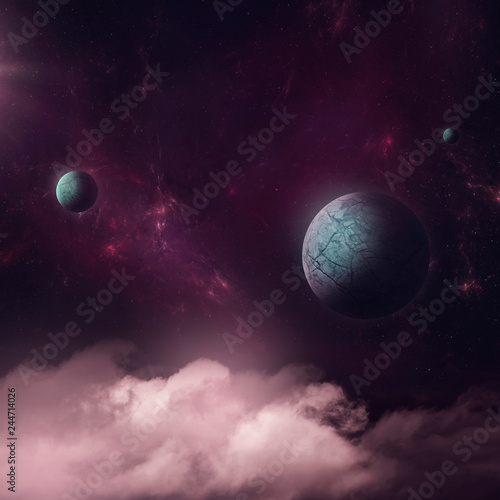 Fototapeta Naklejka Na Ścianę i Meble -  Surreal illustration, fantasy world with planets foating over clouds at night