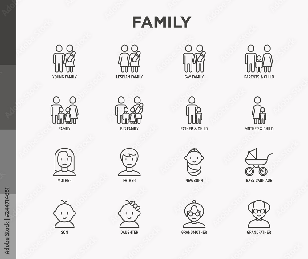 Family thin line icons set: mother, father, newborn, son, daughter, lesbian, gay, single mother and child, grandmother, grandfather. Modern vector illustration.