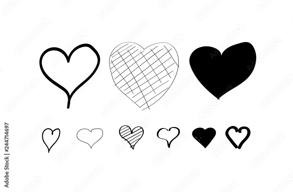 Heart hand drawn icons set. Isolated on white background. Hearts for web site, poster, wallpaper and Valentine's day. Collection of hearts, creative art, modern concept.