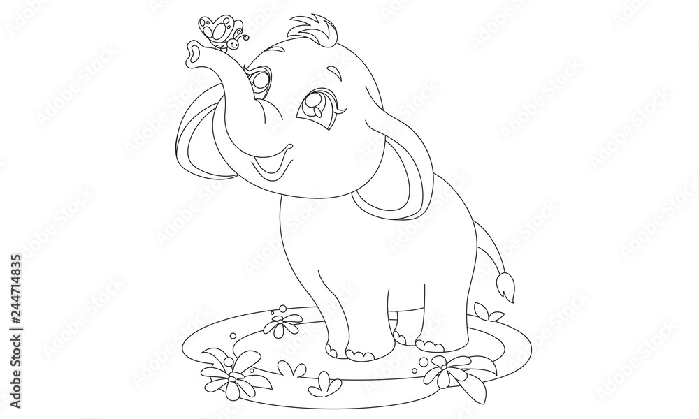 Obraz premium Cute baby elephant and butterfly drawing to color