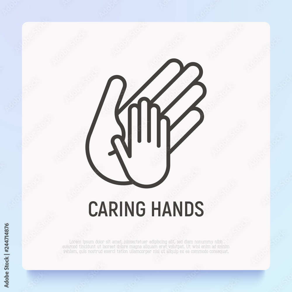 Little hand in big, symbol of caring thin line icon. Modern vector illustration. Little hand in big, symbol of caring thin line icon. Modern vector illustration.