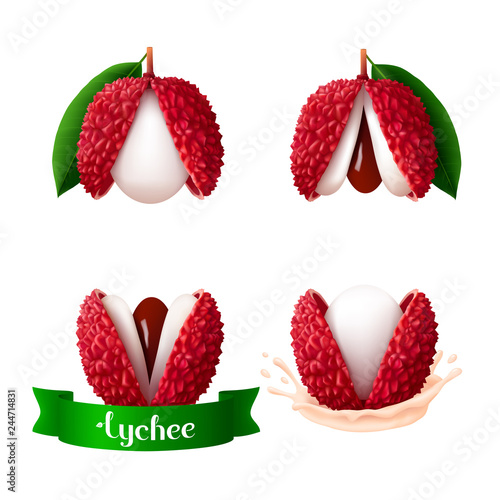 Single opened lychee fruits with parted peel, flesh, seed, leaf, ribbon and splash. Isolated on white background. Realistic vector illustration.