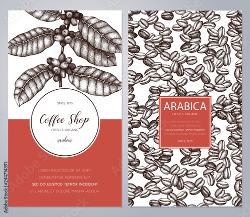 Vector design with ink hand drawn coffee illustrations. Arabica plant with leaves and fruits sketch.  Vintage template for cafe or shop on chalkboard  