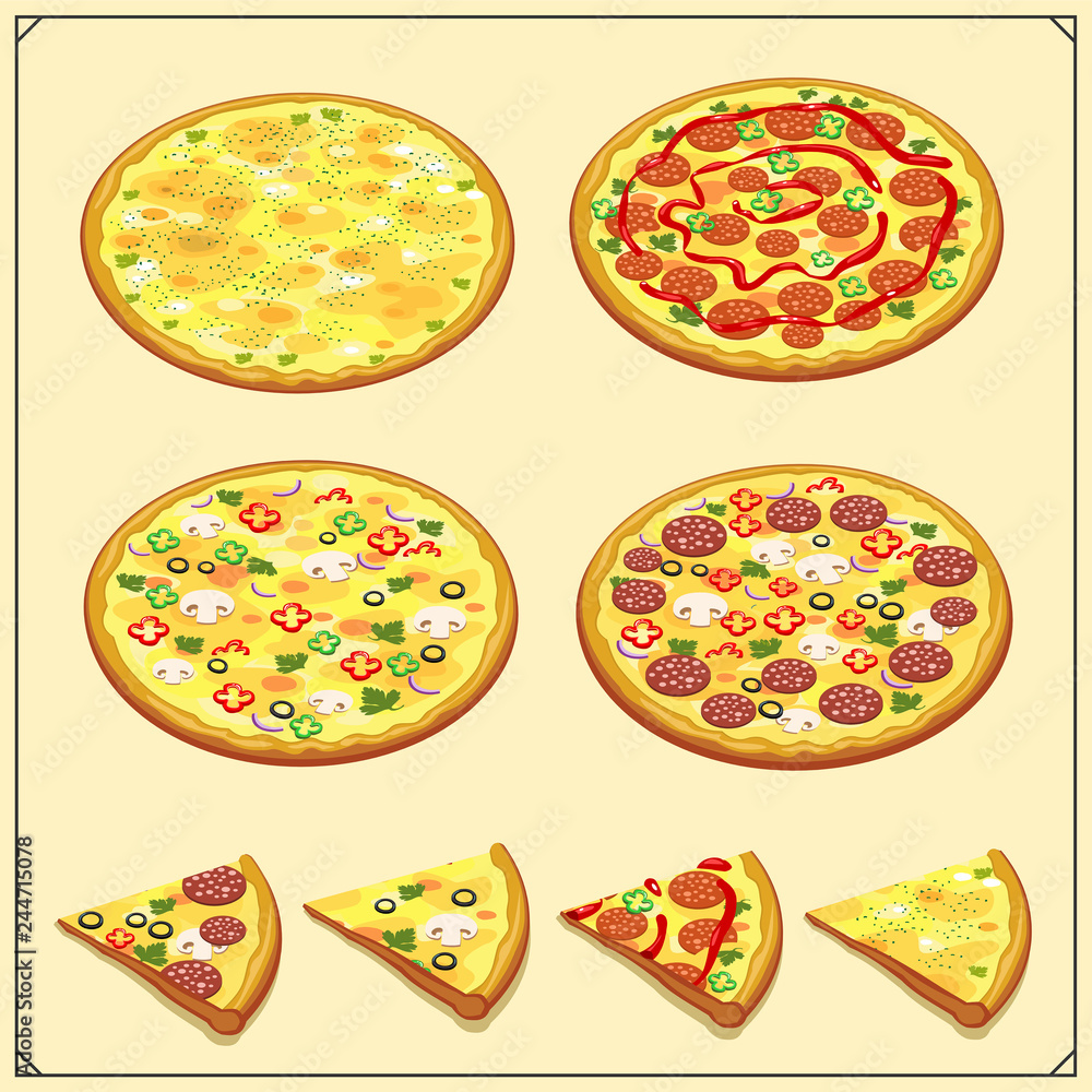 Set of pizza labels, badges, icons and design elements. Emblems for pizzeria. Set of pizza labels, badges, icons and design elements. Emblems for pizzeria.