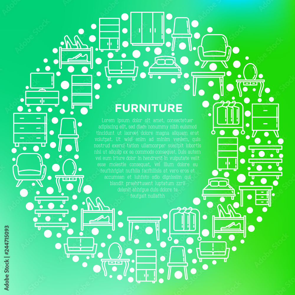 Furniture concept in circle with thin line icons: dressing table, sofa, armchair, wardrobe, chair, table, bookcase, clothes rack, desk, wall shelves. Elements of interior. Vector illustration.