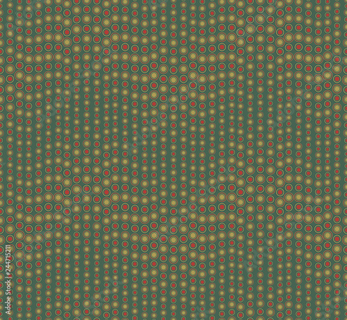 Abstract seamless pattern on a green background. Has the shape of a wave. Consists of round geometric shapes. Polka dot. Useful as design element for texture and artistic compositions.