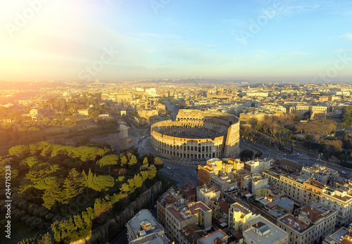 Colosseum, Rome, Italy. Aerial view of the Roman Coliseum on sunrise