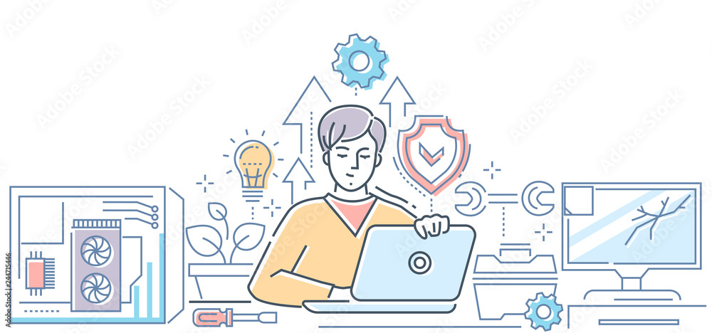 Computer service - modern line design style illustration Computer service - modern line design style illustration