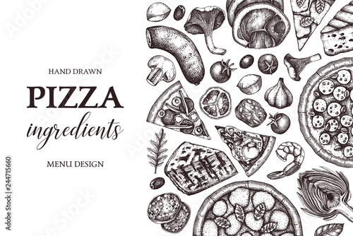 Vector frame with hand drawn  pizza ingradients sketches. Vintage menu, card, invitation, flyer or packaging design template. Top view fast food illustration. 