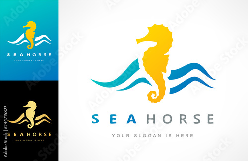 sea horse and wave logo vector 