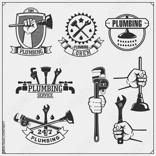 Plumbing and home renovation services emblems with working tools. Logos template and design elements.