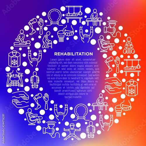 Rehabilitation for disabled concept in circle with thin line icons: magnetic therapy, laser, massage, lymphatic drainage, biomechatronics, suspension system. Vector illustration, print media template.