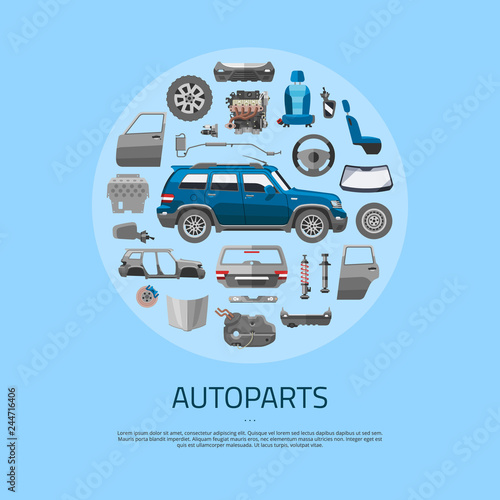 Auto spare parts icons concept banner. Car service vector illustration. Car detail, repair, gear brake, seat, windshield, wheel, bumper, door, engine components, exhaust system.