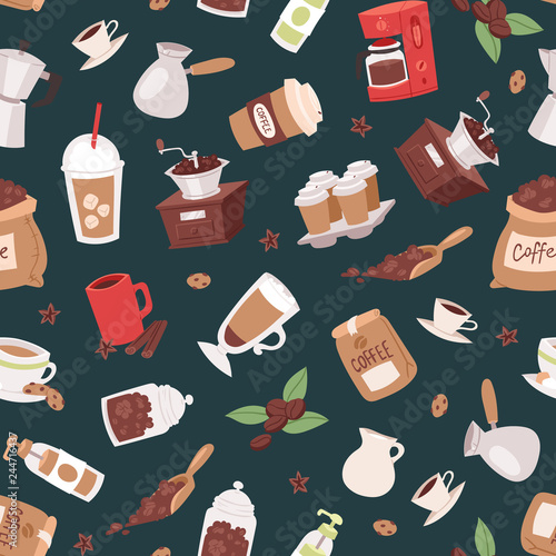 Coffee set seamless pattern vector illustration with cartoon cappuccino, cups, seeds arabica,cinnamon, milk, coffee pot, cookies, anise and sugar for coffee house service.