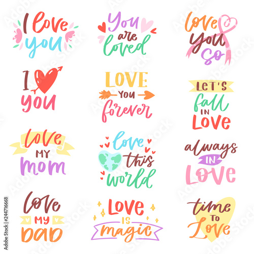 Love lettring vector lovely calligraphy lovable friendship sign to mom dad friend iloveyou on Valentines day beloved card illustration set of family love decor typography isolated on white background photo