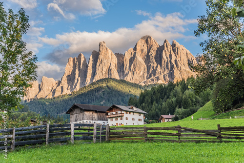 Wonderful landscape from Santa Magdalena Village in Dolomites area Italy