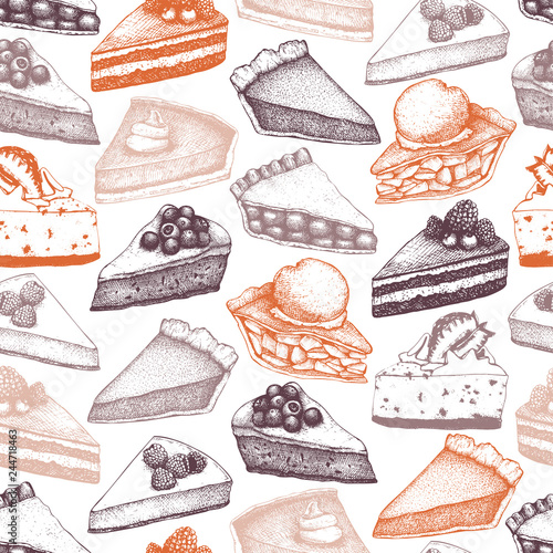 Vector background with ink hand drawn fruit and berry baking illustration. Vintage design with traditional cake, tart and pie sketch. Sweet bakery or cafe menu. Seamless pattern