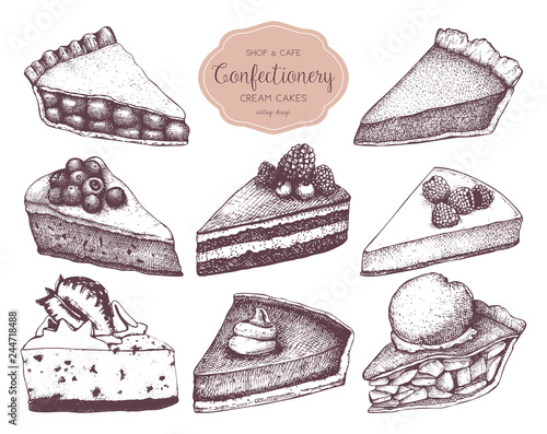 Vector collection of ink hand drawn fruit and berry baking illustration. Vintage design with traditional cake, tart and pie sketch. Sweet bakery menu