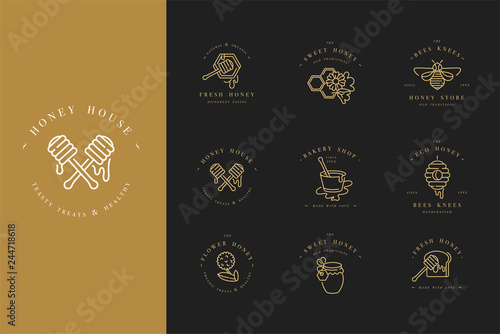 Vector set illustartion logos and design templates or badges. Organic and eco honey labels and tags with bees. Linear style and golden color.