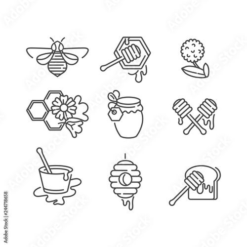 Vector set illustartion icon and design templates. Organic and eco honey signs with bees. Linear style.