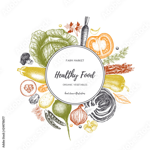 Eco food design with hand drawn vegetables sketch. Organic products frame. Vector template with vintage harvest illustration on chalkboard. Healthy eating.